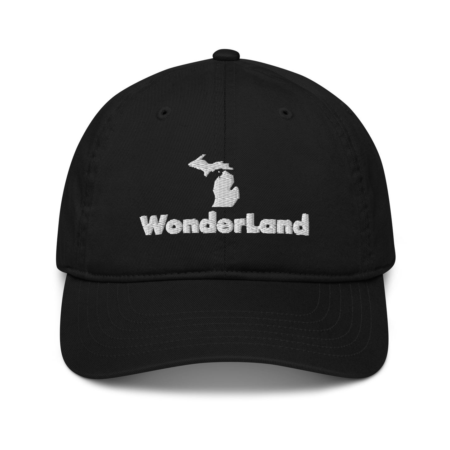 Michigan 'Wonderland' Classic Baseball Cap (Geometric Sans Font w/ MI Outline) | White/Navy Embroidery