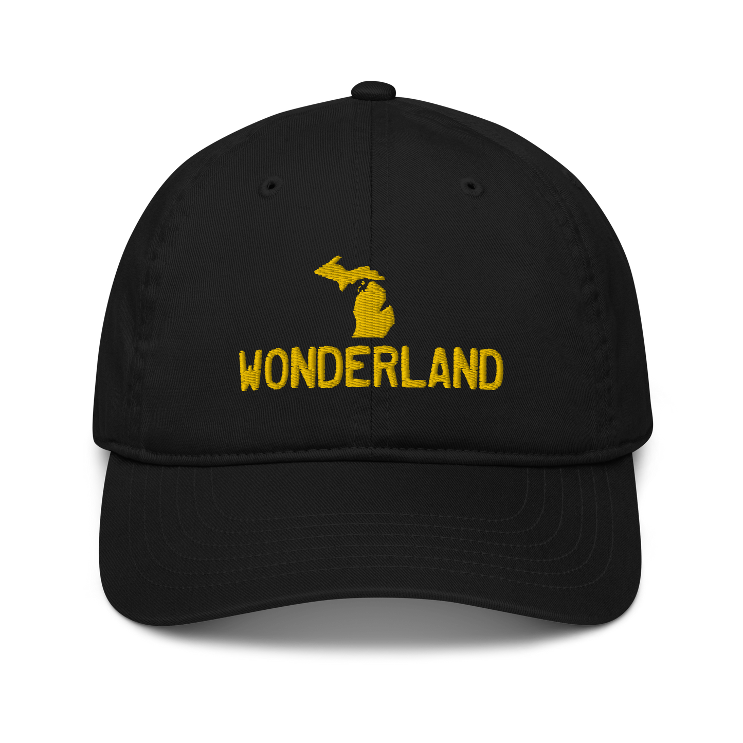 Michigan 'Wonderland' Classic Baseball Cap (Licence Plate Font w/ MI Outline) | Gold Embroidery