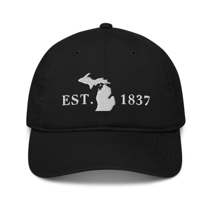 Michigan 'EST 1837' Classic Baseball Cap (Didone Font w/ MI Outline) | White/Navy Embroidery