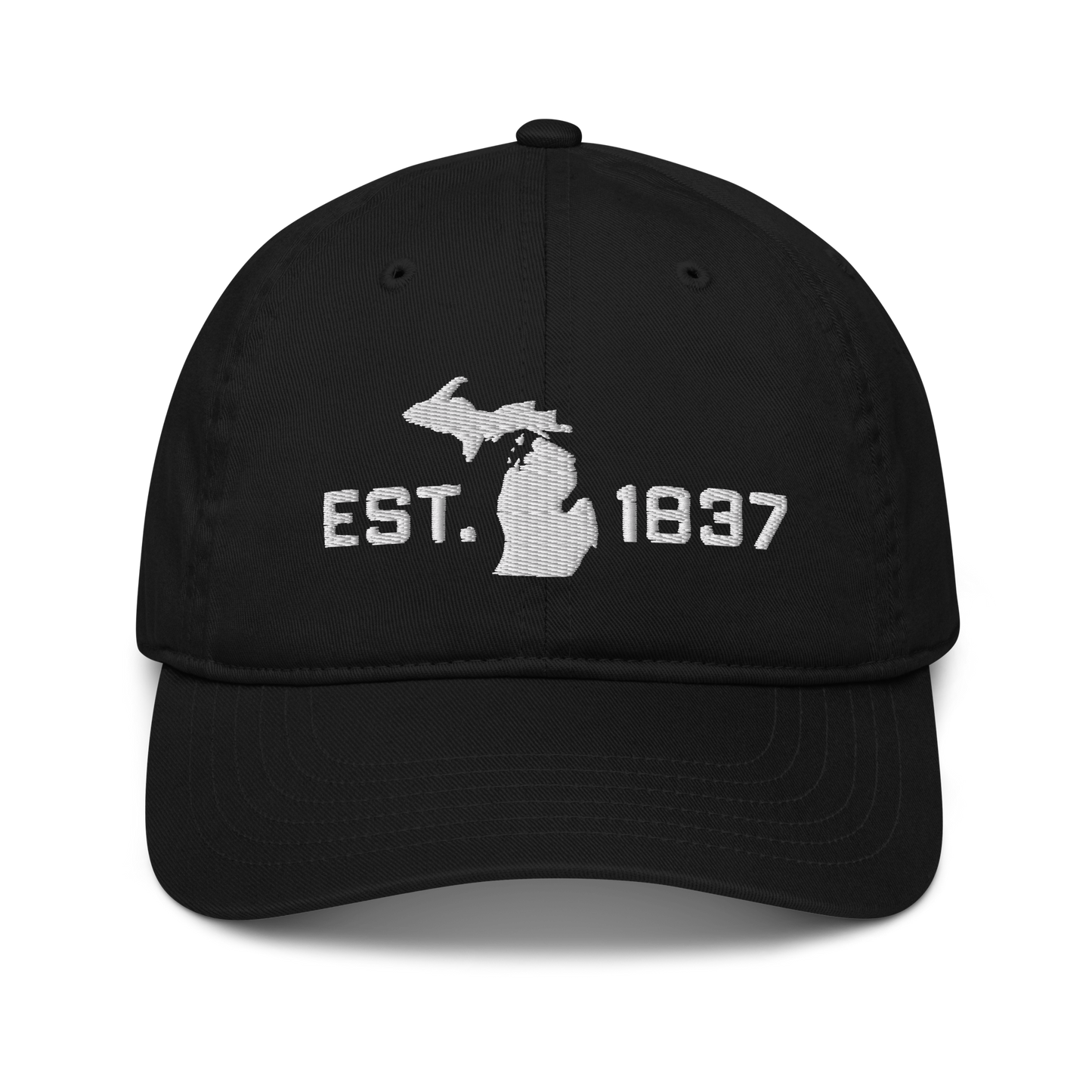 Michigan 'EST 1837' Classic Baseball Cap (Athletic Font w/ MI Outline) | White/Navy Embroidery