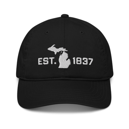 Michigan 'EST 1837' Classic Baseball Cap (Athletic Font w/ MI Outline) | White/Navy Embroidery