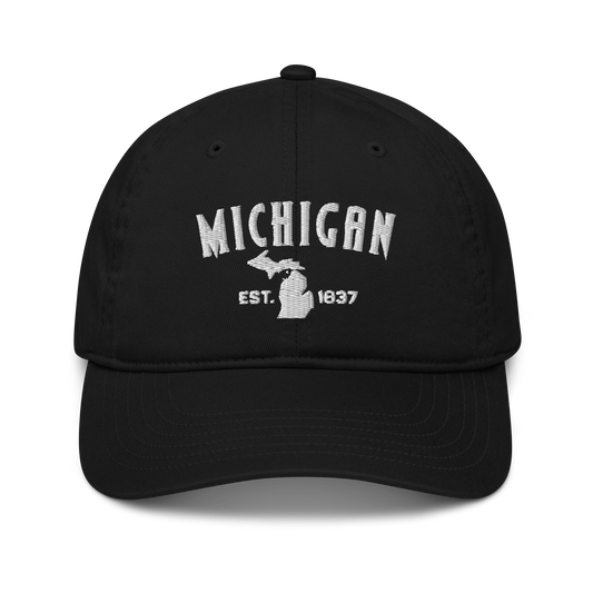 'Michigan EST 1837' Classic Baseball Cap (Vicious Mustelid Font) | White/Navy Embroidery