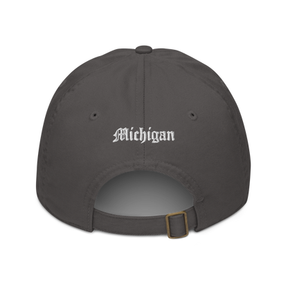 Michigan Old English 'M' Classic Baseball Cap (w/ 'Michigan' Back Design) | White/Navy Embroidery