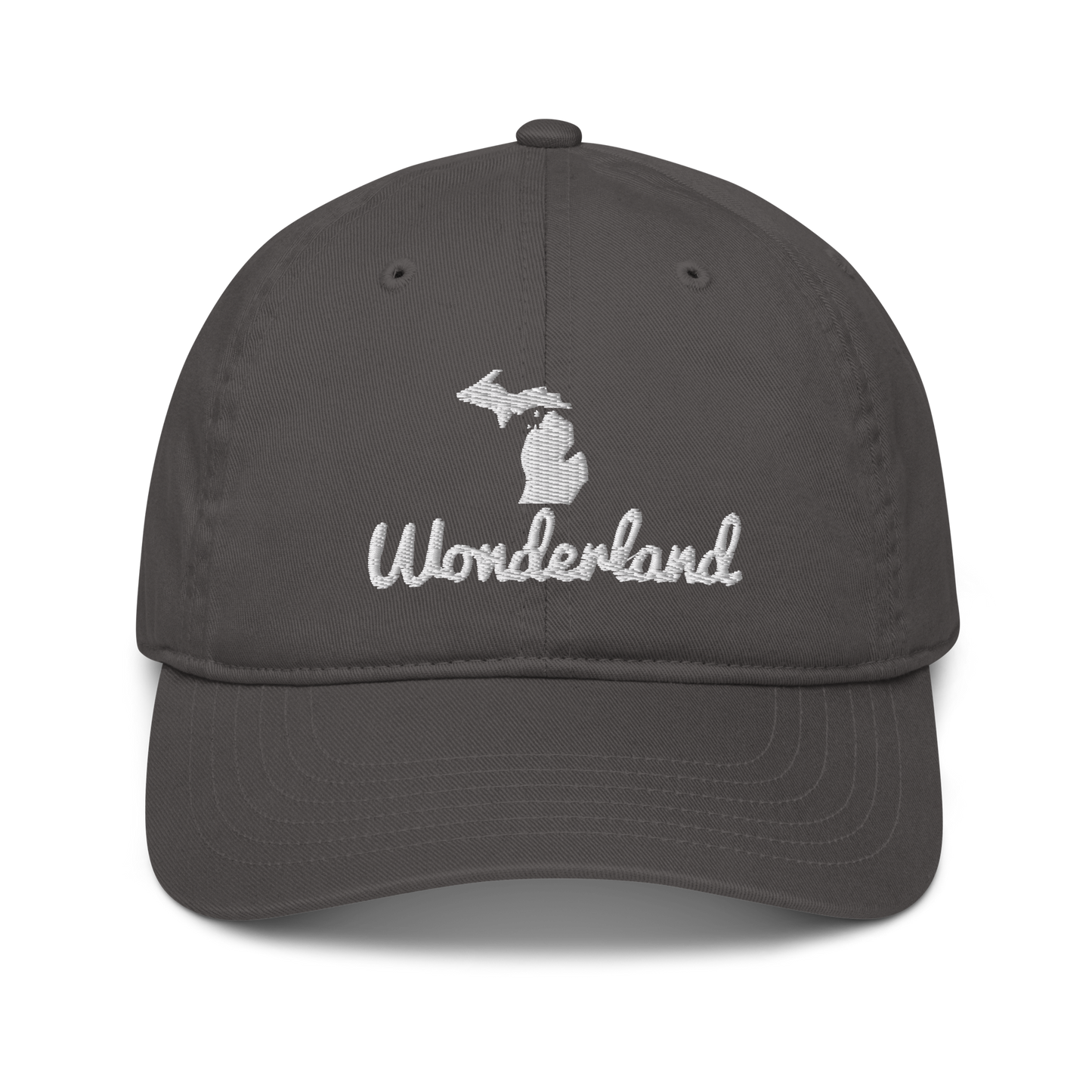 Michigan 'Wonderland' Classic Baseball Cap (Script Font w/ Mi Outline) | White/Navy Embroidery