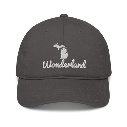 Michigan 'Wonderland' Classic Baseball Cap (Script Font w/ Mi Outline) | White/Navy Embroidery