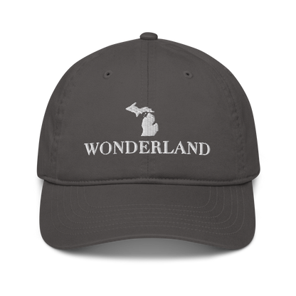 Michigan 'Wonderland' Classic Baseball Cap (Didone Font w/ MI Outline) | White/Navy Embroidery