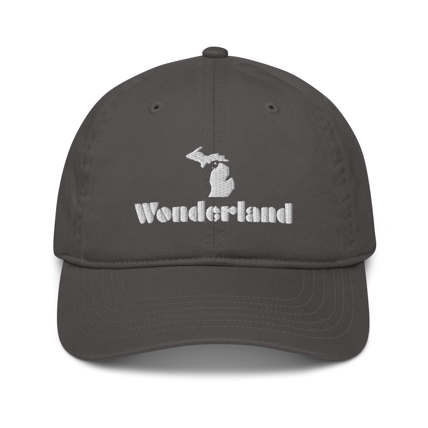 Michigan 'Wonderland' Classic Baseball Cap (Art Deco Font w/ MI Outline) | White/Navy Embroidery