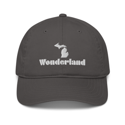 Michigan 'Wonderland' Classic Baseball Cap (Art Deco Font w/ MI Outline) | White/Navy Embroidery