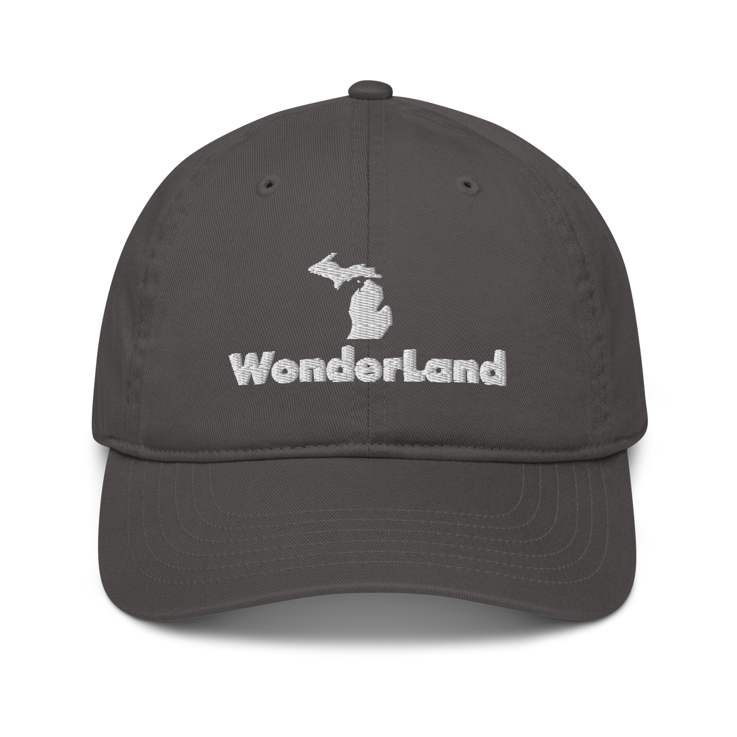 Michigan 'Wonderland' Classic Baseball Cap (Geometric Sans Font w/ MI Outline) | White/Navy Embroidery