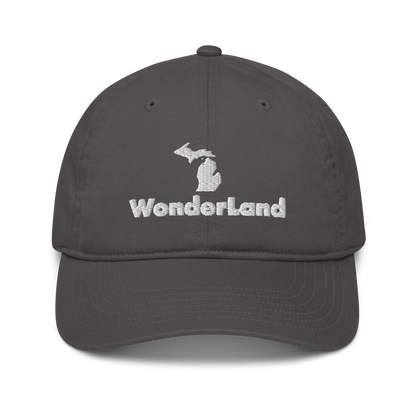 Michigan 'Wonderland' Classic Baseball Cap (Geometric Sans Font w/ MI Outline) | White/Navy Embroidery