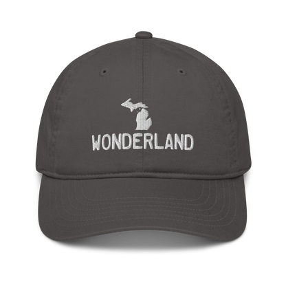 Michigan 'Wonderland' Classic Baseball Cap (Licence Plate Font w/ MI Outline) | White/Navy Embroidery