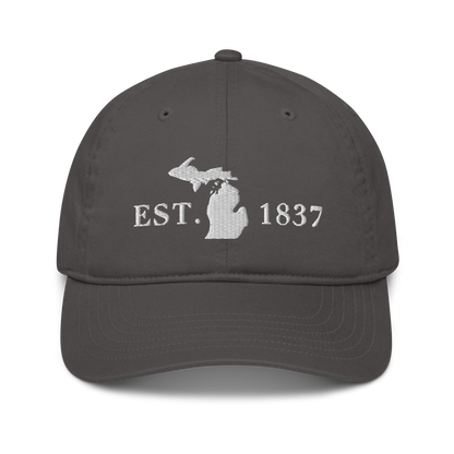 Michigan 'EST 1837' Classic Baseball Cap (Didone Font w/ MI Outline) | White/Navy Embroidery