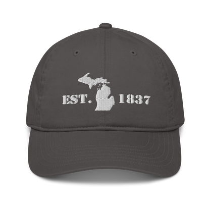 Michigan 'EST 1837' Classic Baseball Cap (Army Font w/ MI Outline) | White/Navy Embroidery