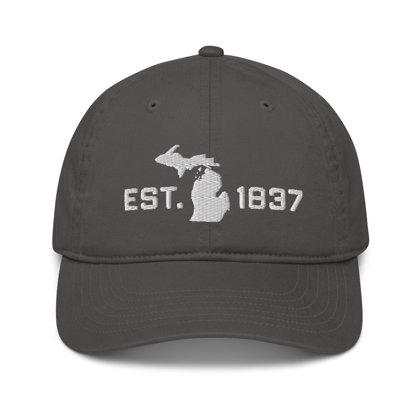 Michigan 'EST 1837' Classic Baseball Cap (Athletic Font w/ MI Outline) | White/Navy Embroidery