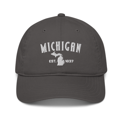 'Michigan EST 1837' Classic Baseball Cap (Vicious Mustelid Font) | White/Navy Embroidery