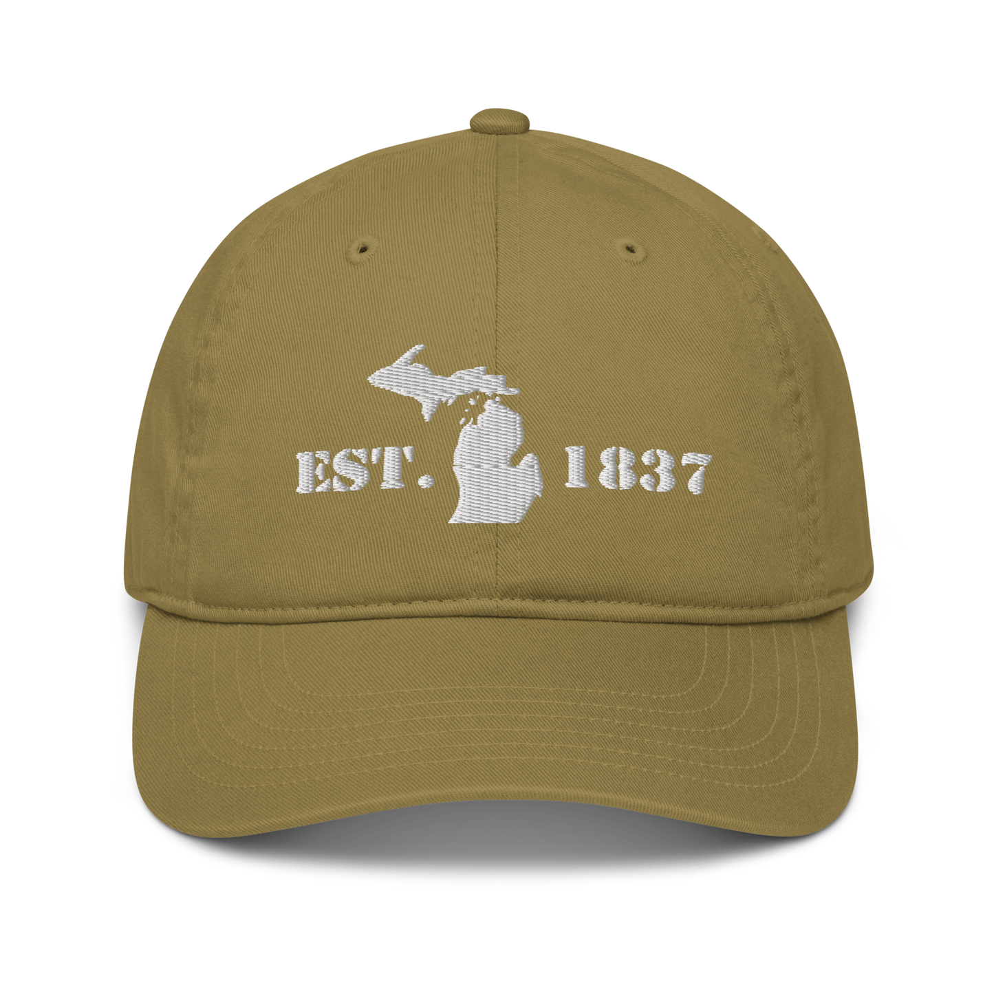 Michigan 'EST 1837' Classic Baseball Cap (Army Font w/ MI Outline) | White/Navy Embroidery