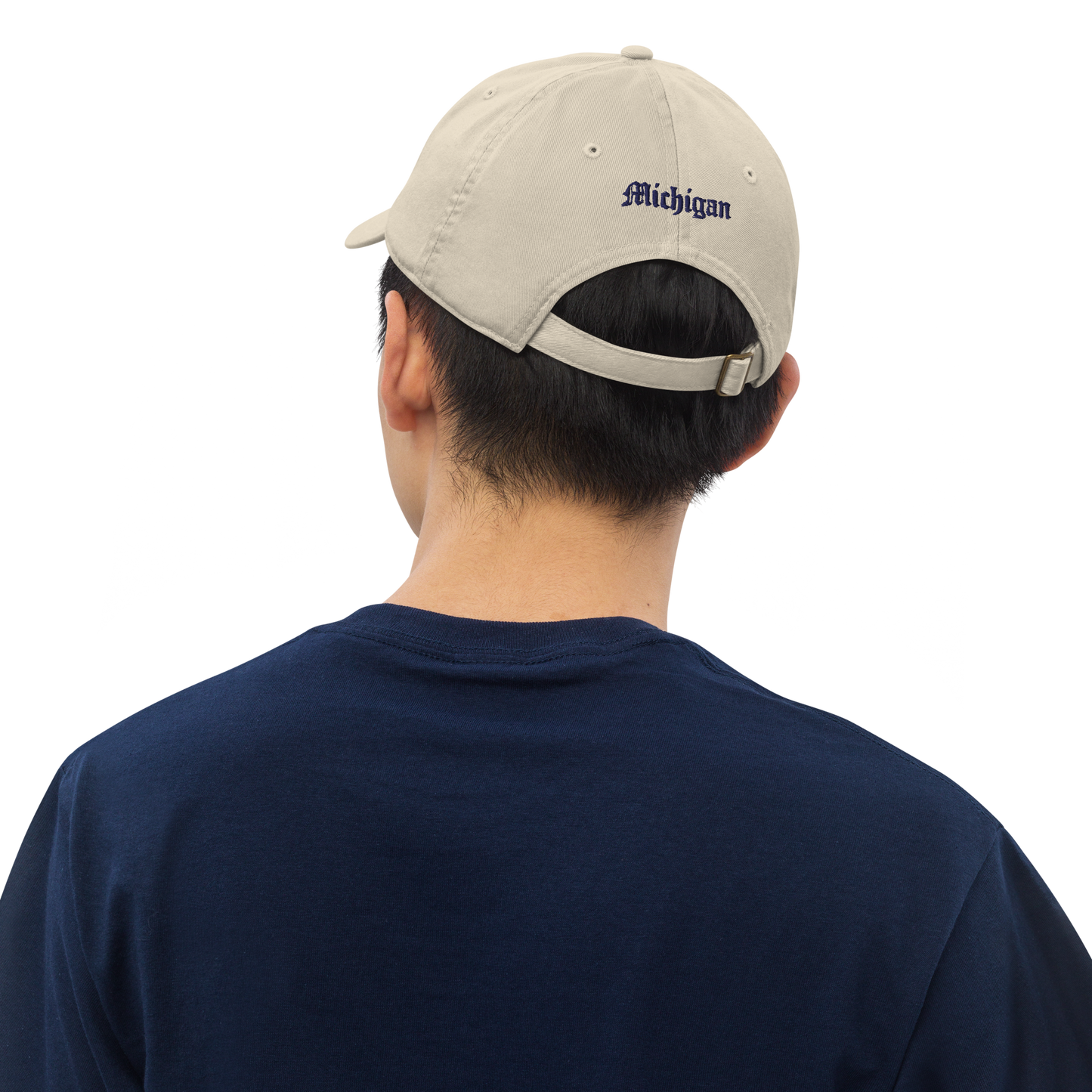 Michigan Old English 'M' Classic Baseball Cap (w/ 'Michigan' Back Design) | White/Navy Embroidery