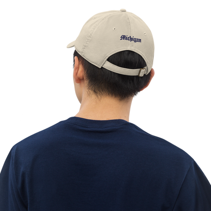 Michigan Old English 'M' Classic Baseball Cap (w/ 'Michigan' Back Design) | White/Navy Embroidery