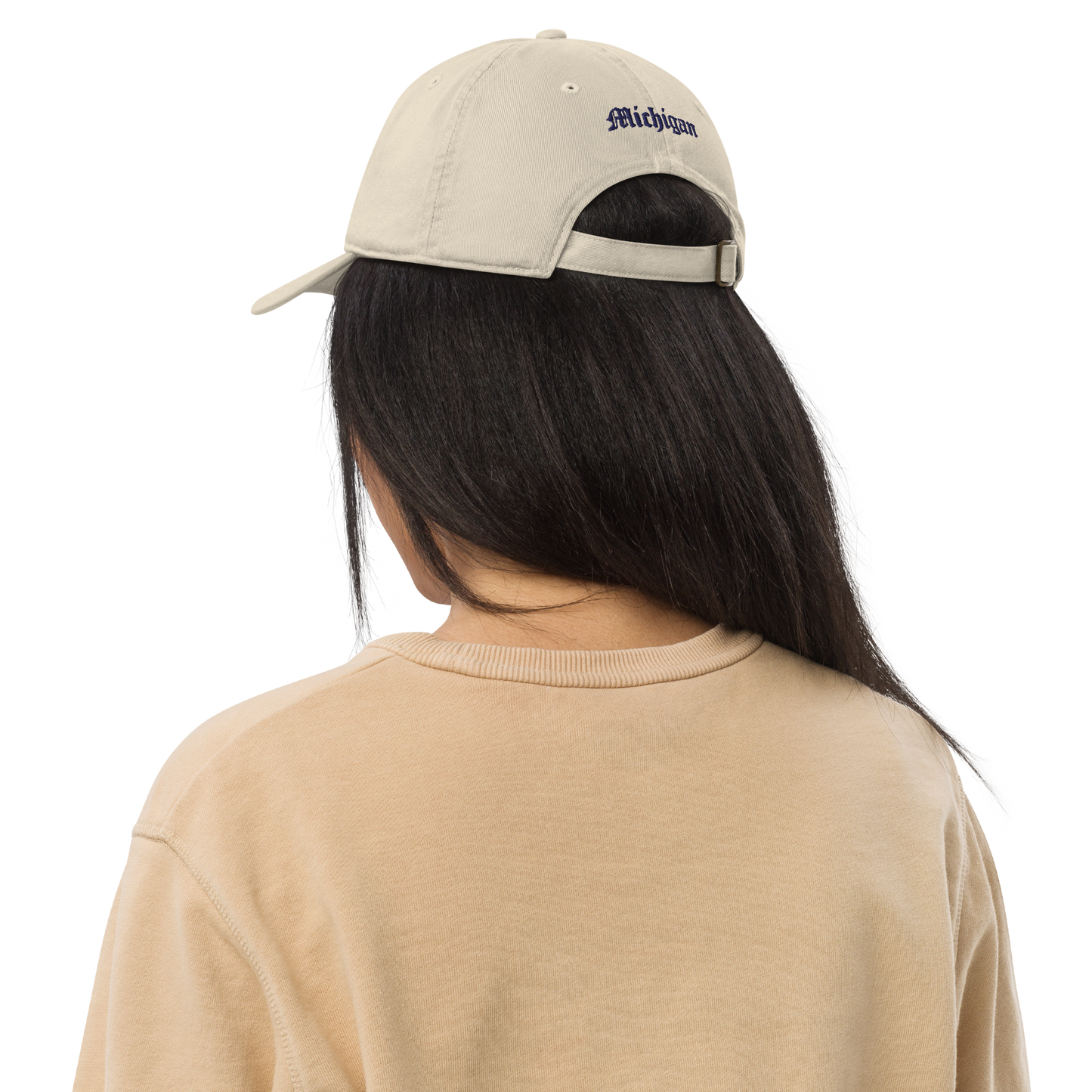 Michigan Old English 'M' Classic Baseball Cap (w/ 'Michigan' Back Design) | White/Navy Embroidery