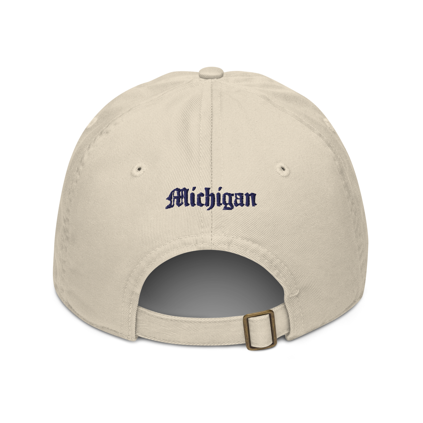 Michigan Old English 'M' Classic Baseball Cap (w/ 'Michigan' Back Design) | White/Navy Embroidery