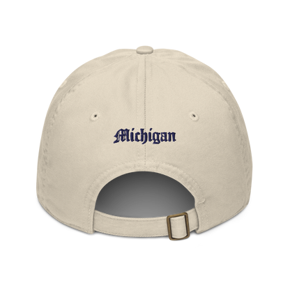 Michigan Old English 'M' Classic Baseball Cap (w/ 'Michigan' Back Design) | White/Navy Embroidery