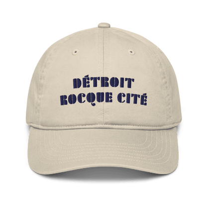 'Detroit Rocque Cité' Baseball Cap (Art Deco Font) | White/Navy Embroidery - Circumspice Michigan