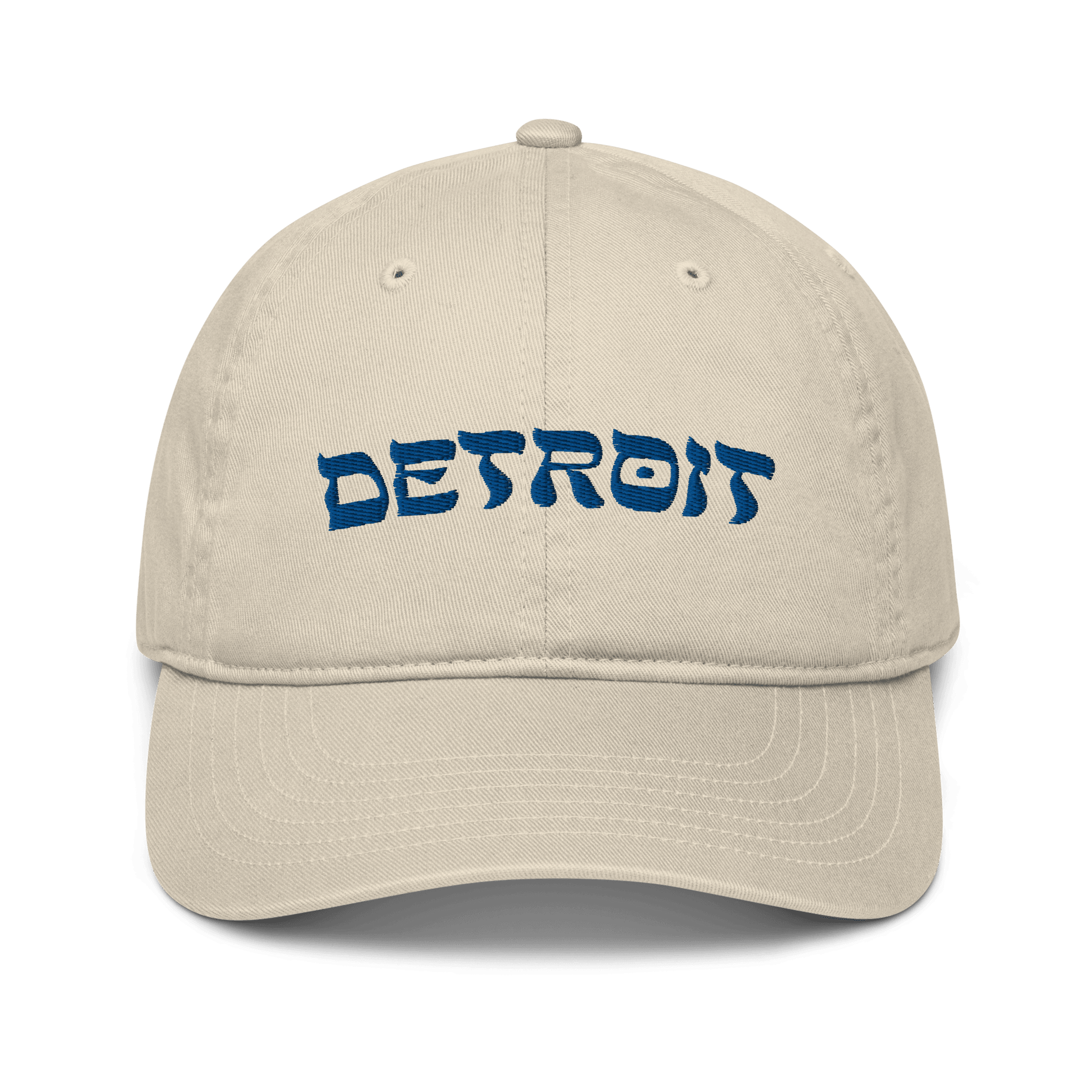 'Detroit' Baseball Cap (Hebrew-Style Font) | White and Blue Embroidery - Circumspice Michigan