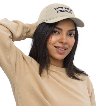 'Water Winter Wonderland' Classic Baseball Cap (Licence Plate Font) | White/Navy Embrodiery