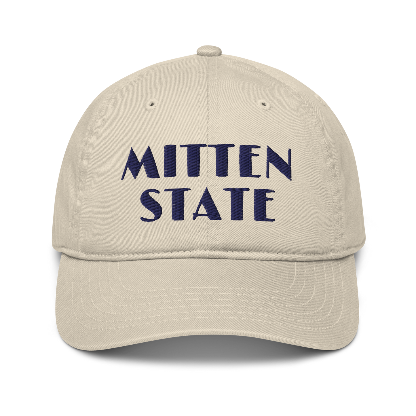 Michigan 'Mitten State' Classic Baseball Cap (Art Deco Font) | White/Navy Embroidery