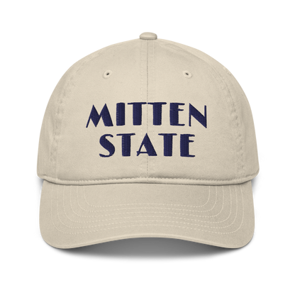 Michigan 'Mitten State' Classic Baseball Cap (Art Deco Font) | White/Navy Embroidery