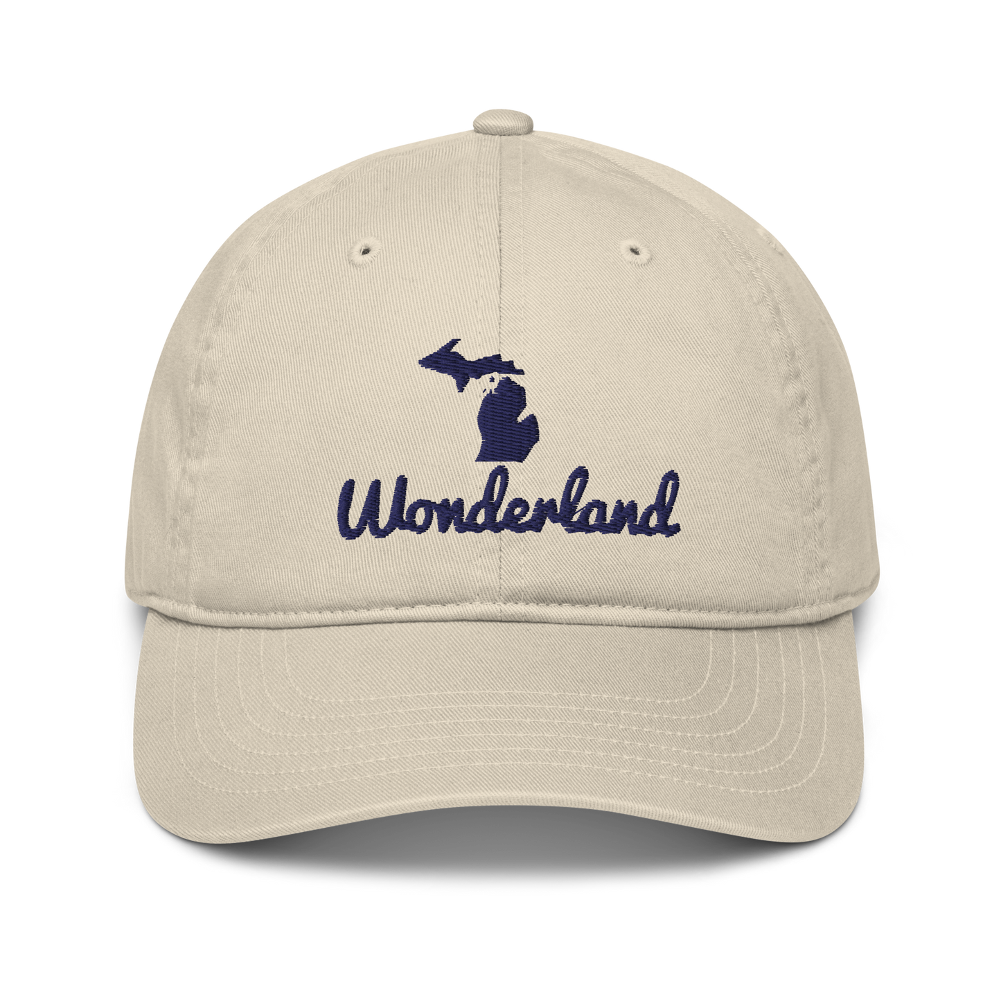 Michigan 'Wonderland' Classic Baseball Cap (Script Font w/ Mi Outline) | White/Navy Embroidery