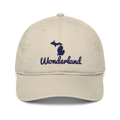 Michigan 'Wonderland' Classic Baseball Cap (Script Font w/ Mi Outline) | White/Navy Embroidery