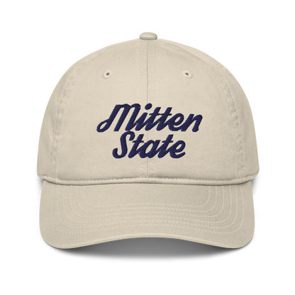 Michigan 'Mitten State' Classic Baseball Cap (Script Font) | White/Navy Embroidery