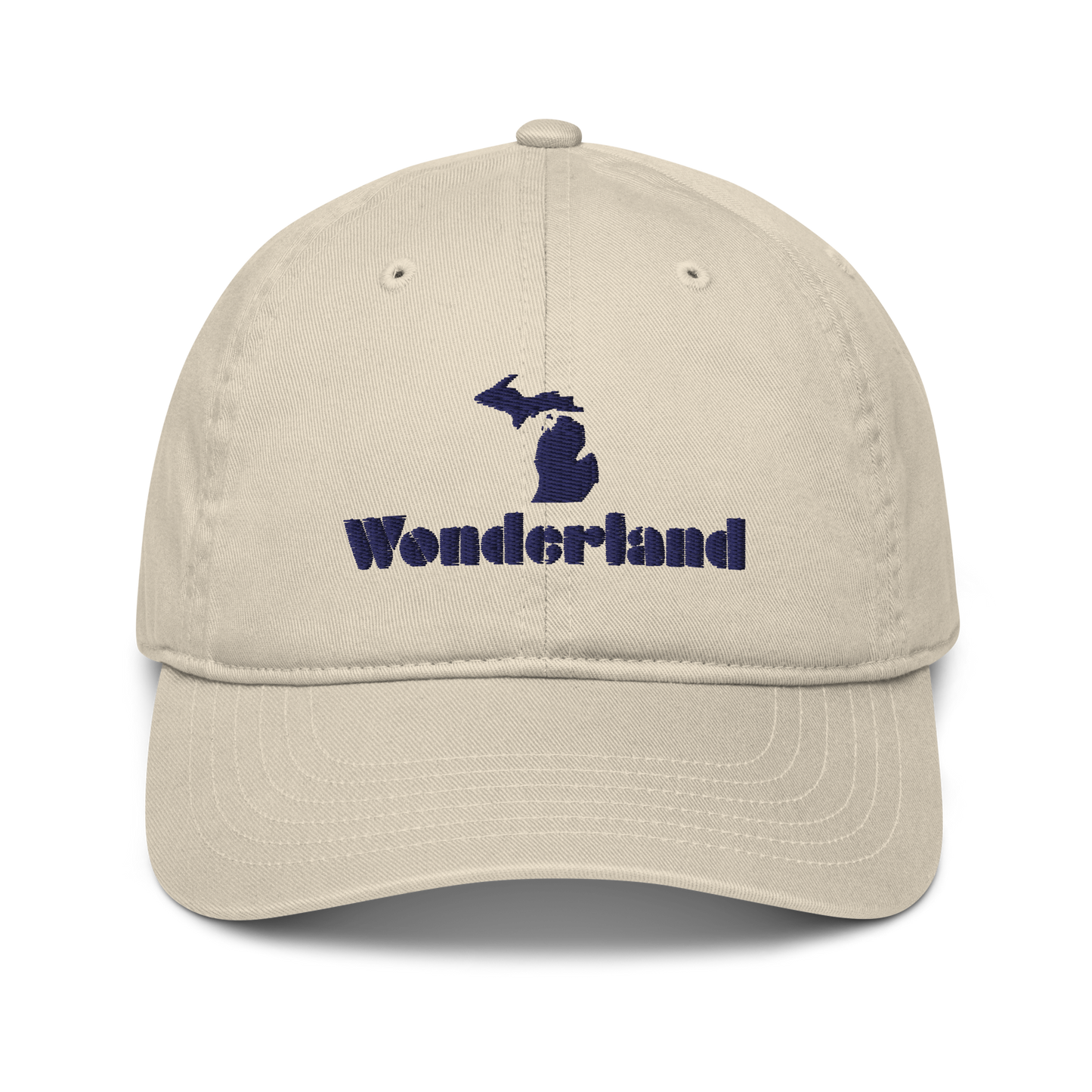 Michigan 'Wonderland' Classic Baseball Cap (Art Deco Font w/ MI Outline) | White/Navy Embroidery