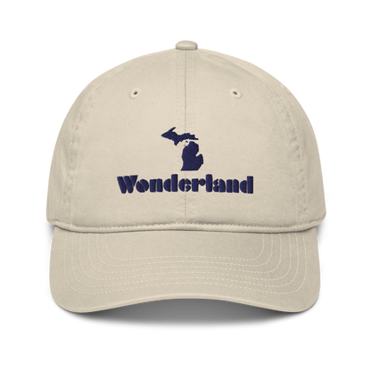 Michigan 'Wonderland' Classic Baseball Cap (Art Deco Font w/ MI Outline) | White/Navy Embroidery