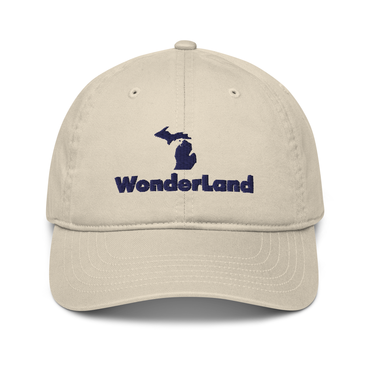 Michigan 'Wonderland' Classic Baseball Cap (Geometric Sans Font w/ MI Outline) | White/Navy Embroidery