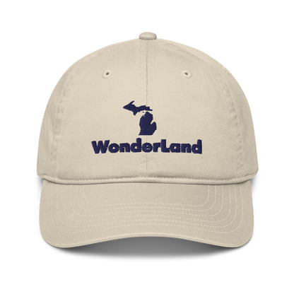 Michigan 'Wonderland' Classic Baseball Cap (Geometric Sans Font w/ MI Outline) | White/Navy Embroidery