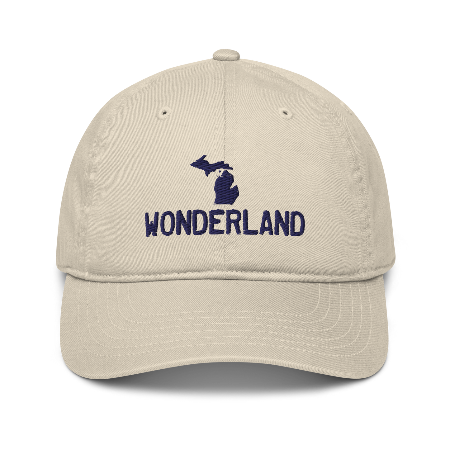 Michigan 'Wonderland' Classic Baseball Cap (Licence Plate Font w/ MI Outline) | White/Navy Embroidery