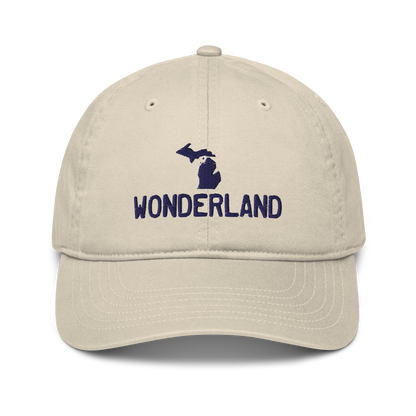 Michigan 'Wonderland' Classic Baseball Cap (Licence Plate Font w/ MI Outline) | White/Navy Embroidery