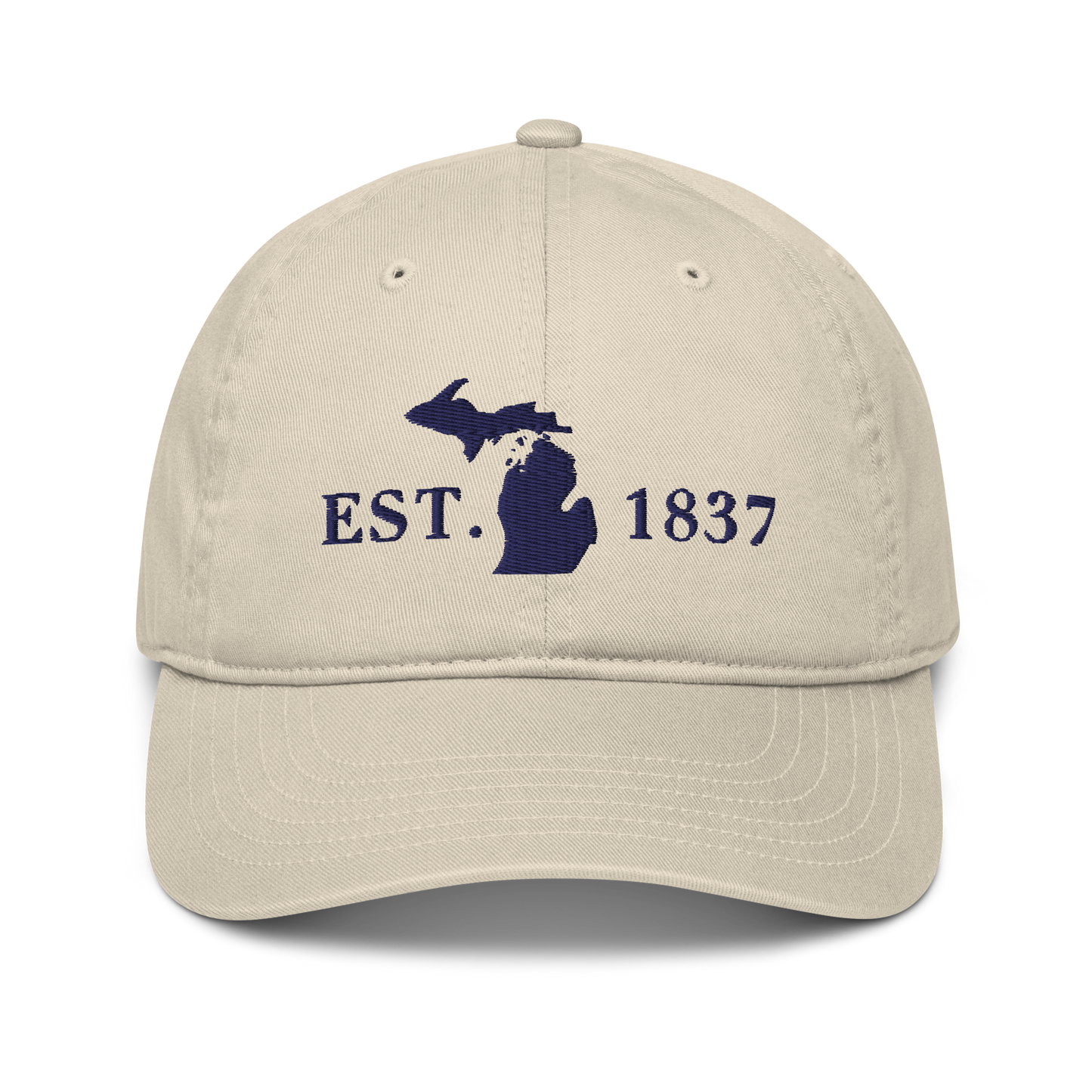 Michigan 'EST 1837' Classic Baseball Cap (Didone Font w/ MI Outline) | White/Navy Embroidery