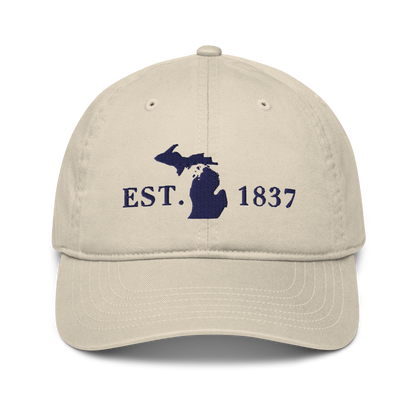 Michigan 'EST 1837' Classic Baseball Cap (Didone Font w/ MI Outline) | White/Navy Embroidery