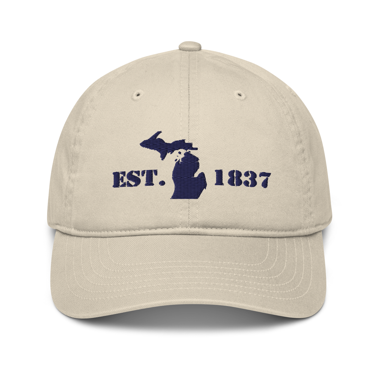 Michigan 'EST 1837' Classic Baseball Cap (Army Font w/ MI Outline) | White/Navy Embroidery