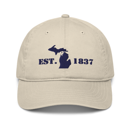 Michigan 'EST 1837' Classic Baseball Cap (Army Font w/ MI Outline) | White/Navy Embroidery