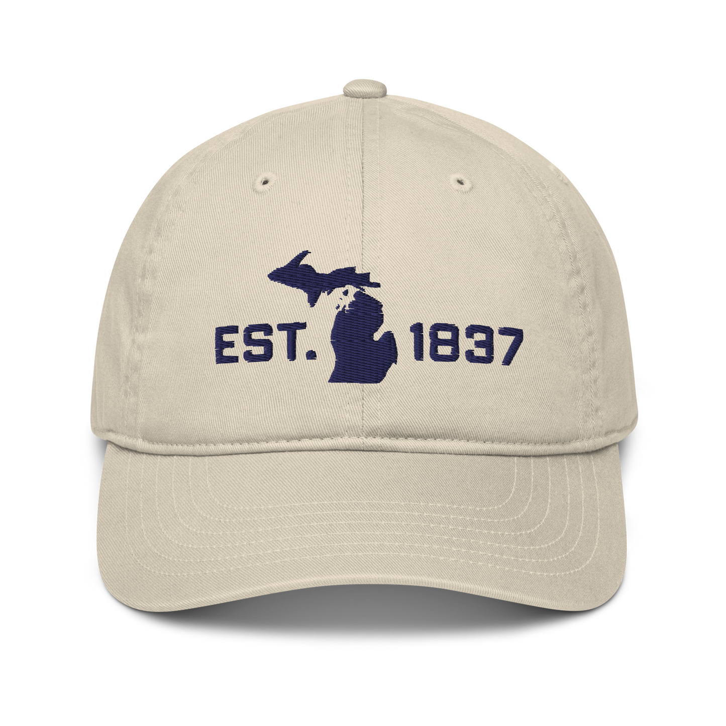 Michigan 'EST 1837' Classic Baseball Cap (Athletic Font w/ MI Outline) | White/Navy Embroidery