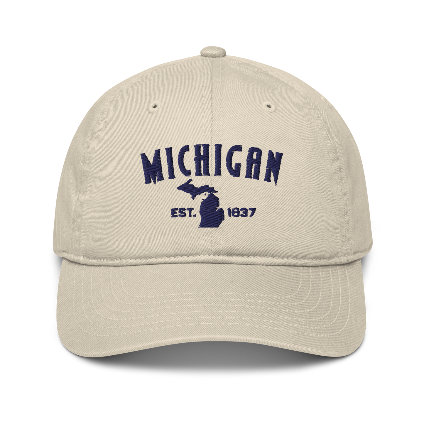 'Michigan EST 1837' Classic Baseball Cap (Vicious Mustelid Font) | White/Navy Embroidery