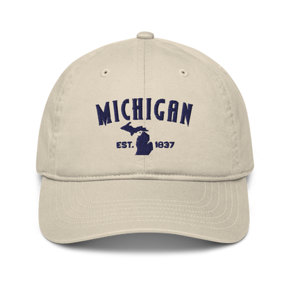 'Michigan EST 1837' Classic Baseball Cap (Vicious Mustelid Font) | White/Navy Embroidery