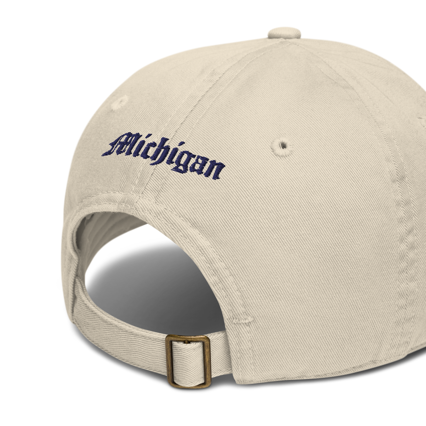 Michigan Old English 'M' Classic Baseball Cap (w/ 'Michigan' Back Design) | White/Navy Embroidery