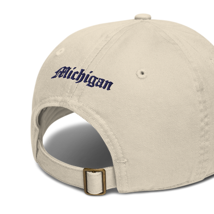 Michigan Old English 'M' Classic Baseball Cap (w/ 'Michigan' Back Design) | White/Navy Embroidery