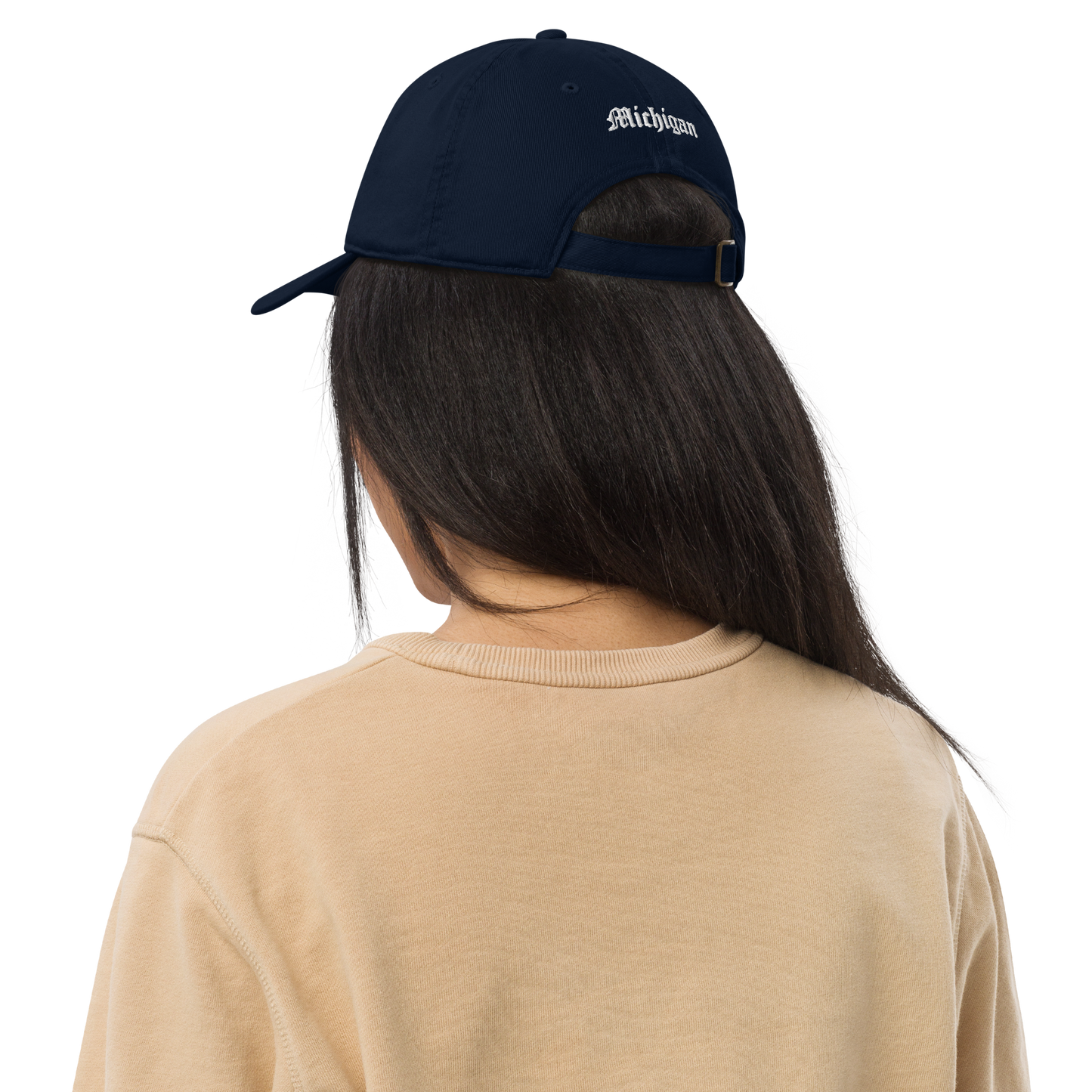 Michigan Old English 'M' Classic Baseball Cap (w/ 'Michigan' Back Design) | White/Navy Embroidery