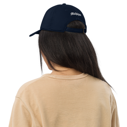 Michigan Old English 'M' Classic Baseball Cap (w/ 'Michigan' Back Design) | White/Navy Embroidery